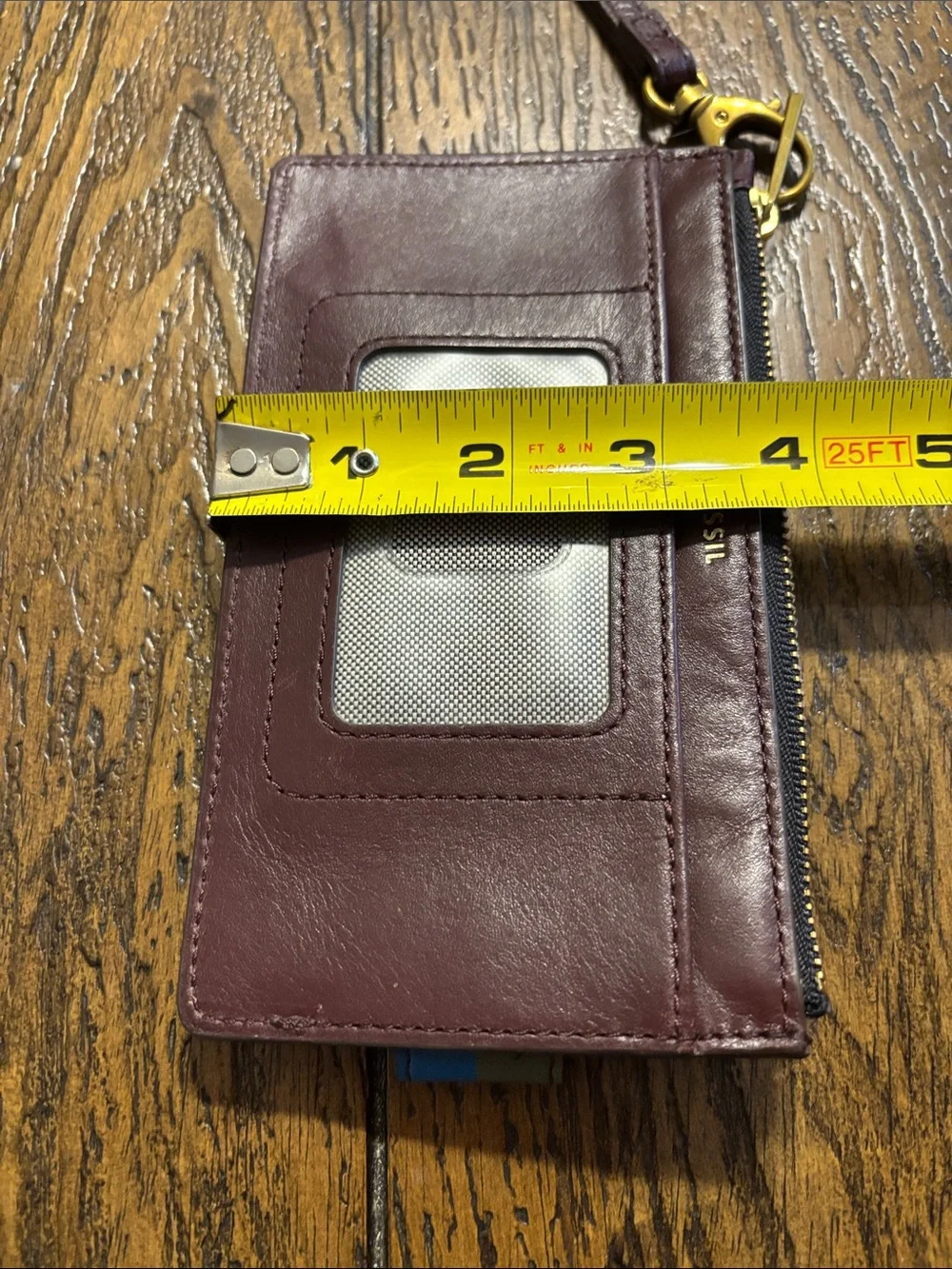 Fossil Burgundy Leather Wristlet Clutch with Yellow, Blue, Green & Pink Stripes